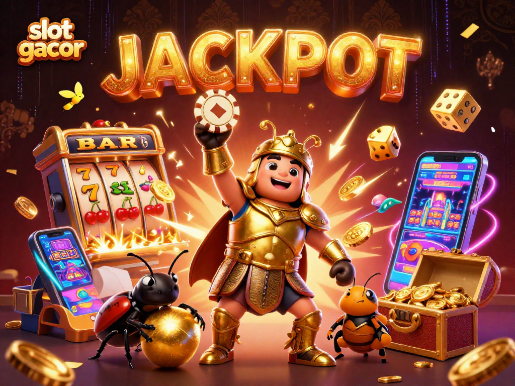 Experience the thrill of slot gacor with a victorious beetle surrounded by dynamic casino elements.