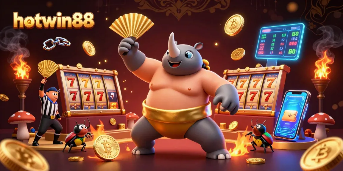 Experience the thrilling energy of hotwin88 with a dynamic casino showdown featuring cartoon beetles and slot reels.