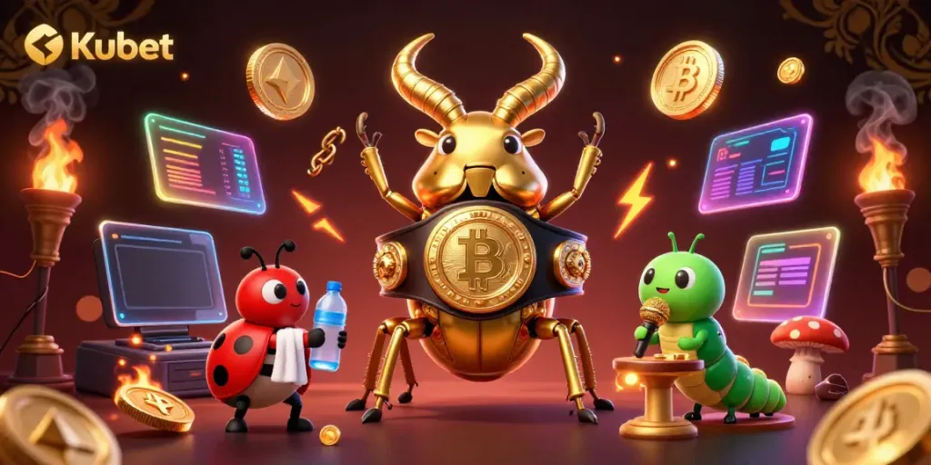Kubet showcases an exciting 3D gaming scene with vibrant characters and cryptocurrency elements.