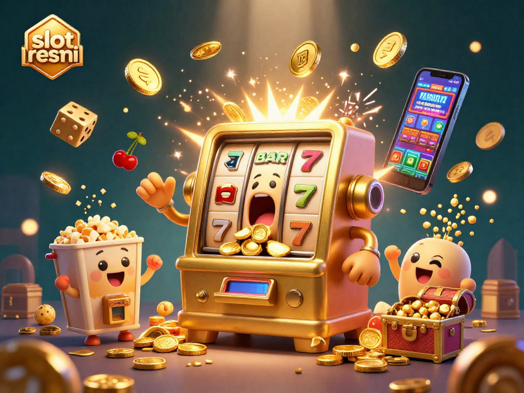 Slot resmi menampilkan mesin slot emas ceria merayakan jackpot dengan koin berjatuhan.