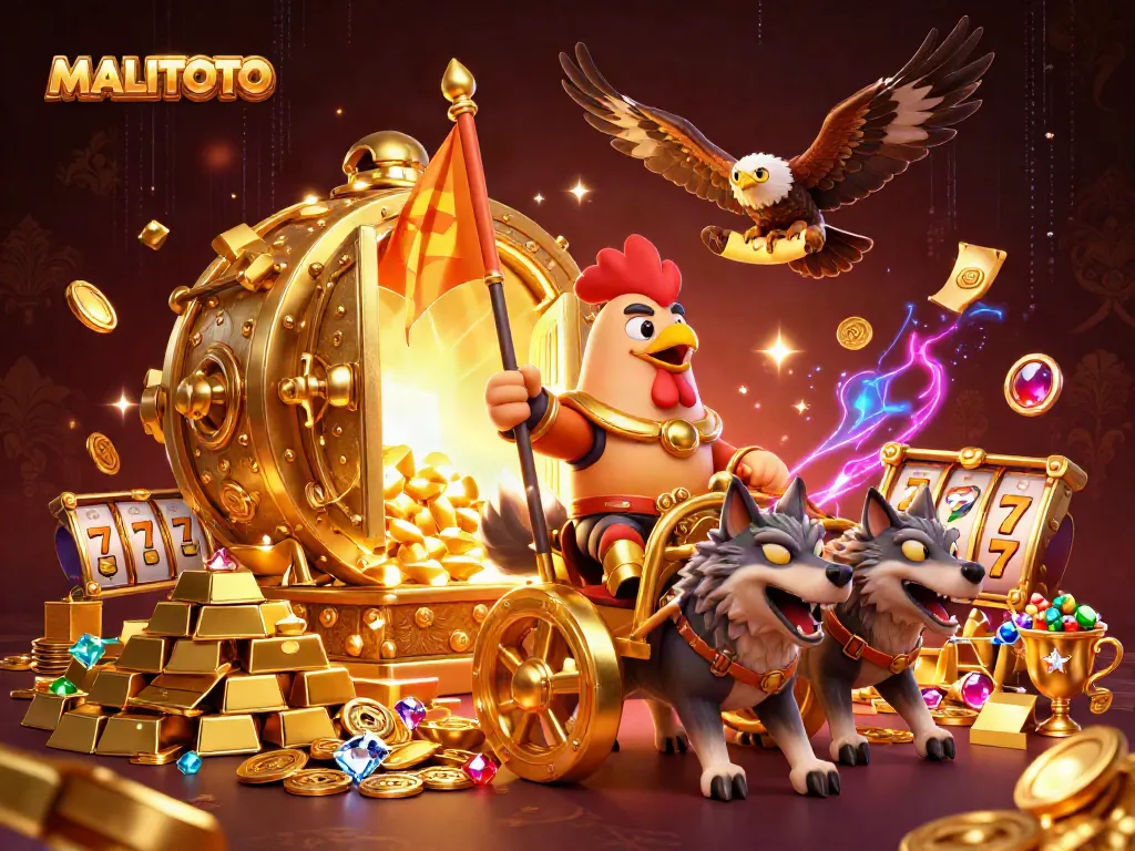 MALITOTO offers a dynamic scene with a rooster warlord celebrating victory among slots and treasures.