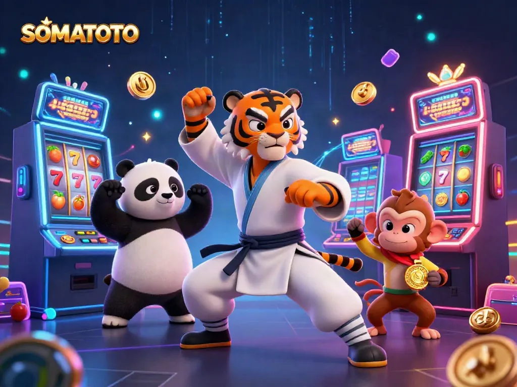 Experience thrilling gameplay with SOMATOTO in a vibrant casino-inspired scene filled with characters and slot machines.