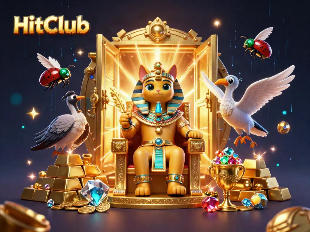 HitClub welcomes players with a vibrant 3D pharaoh cat scene showcasing casino treasures and exhilarating gaming.