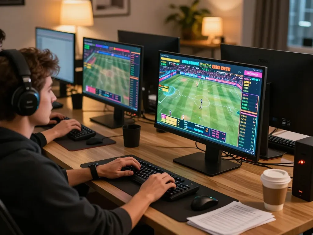 C168 user enjoying sports betting via multiple screens in a modern home office setting.