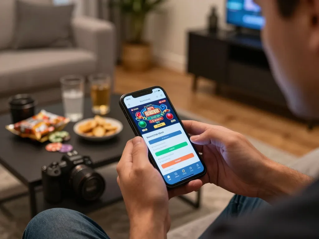 Player using app login option on mobile phone for online casino gaming in a cozy setting