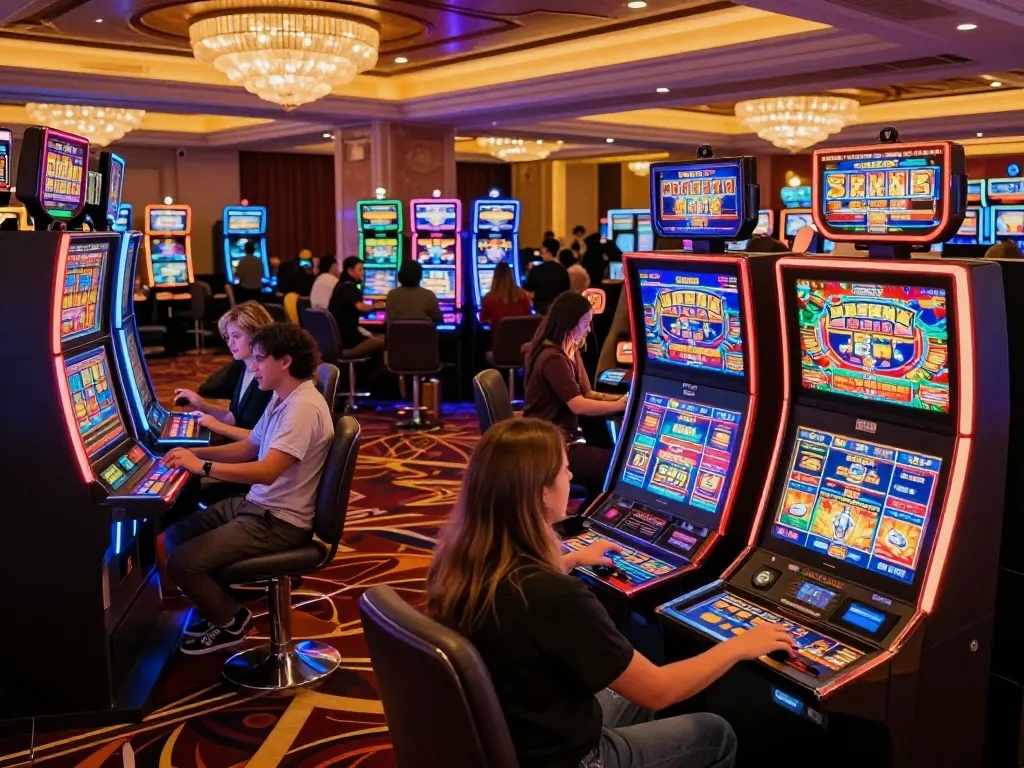 Players engaging with striking slot machines at an upscale casino showcasing LGOLUX gaming experience.