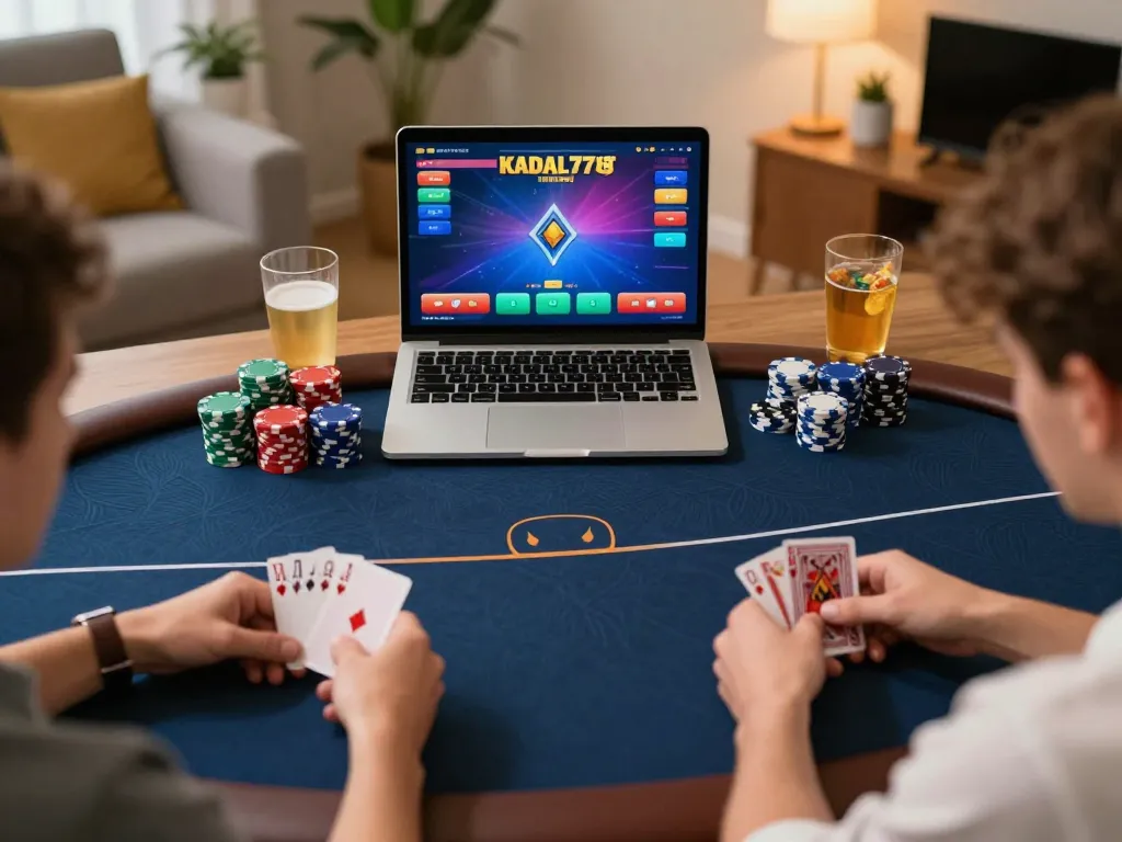 KADAL778 players engaging in a thrilling online poker game from home with visible chips and cards.