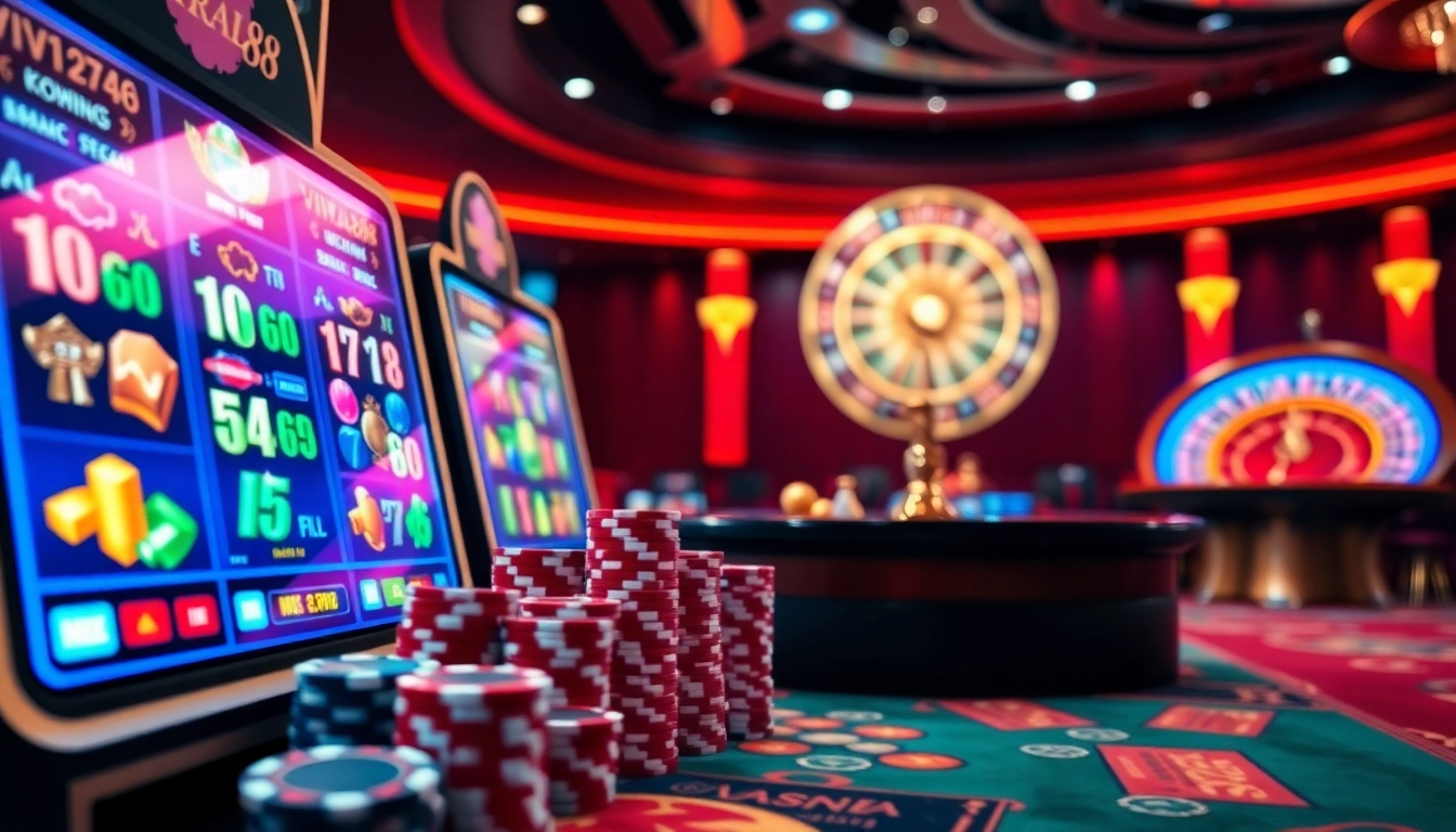 VIRAL88 online gambling interface with exciting digital slot machines and poker chips.