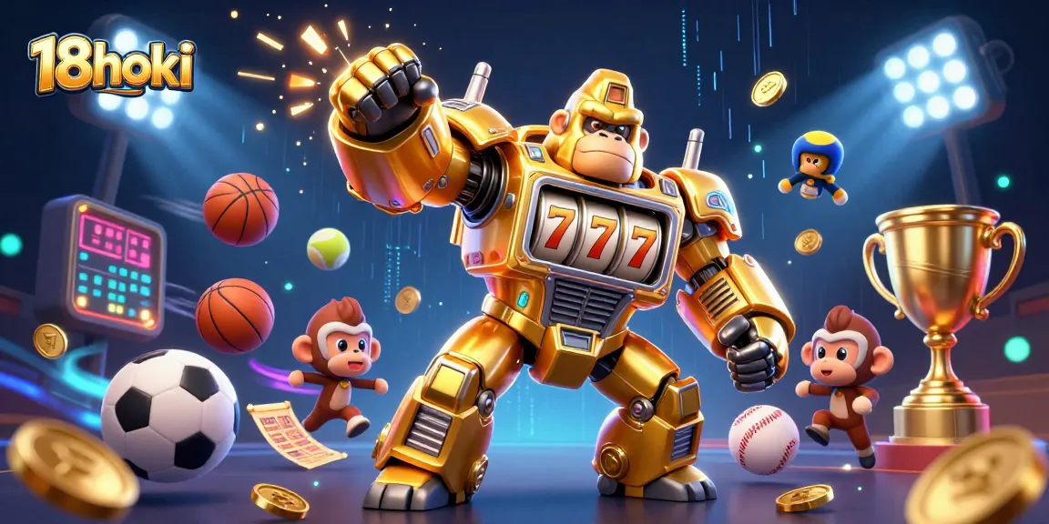 Win big with 18hoki in a dynamic scene featuring a golden gorilla mech and explosive prizes.