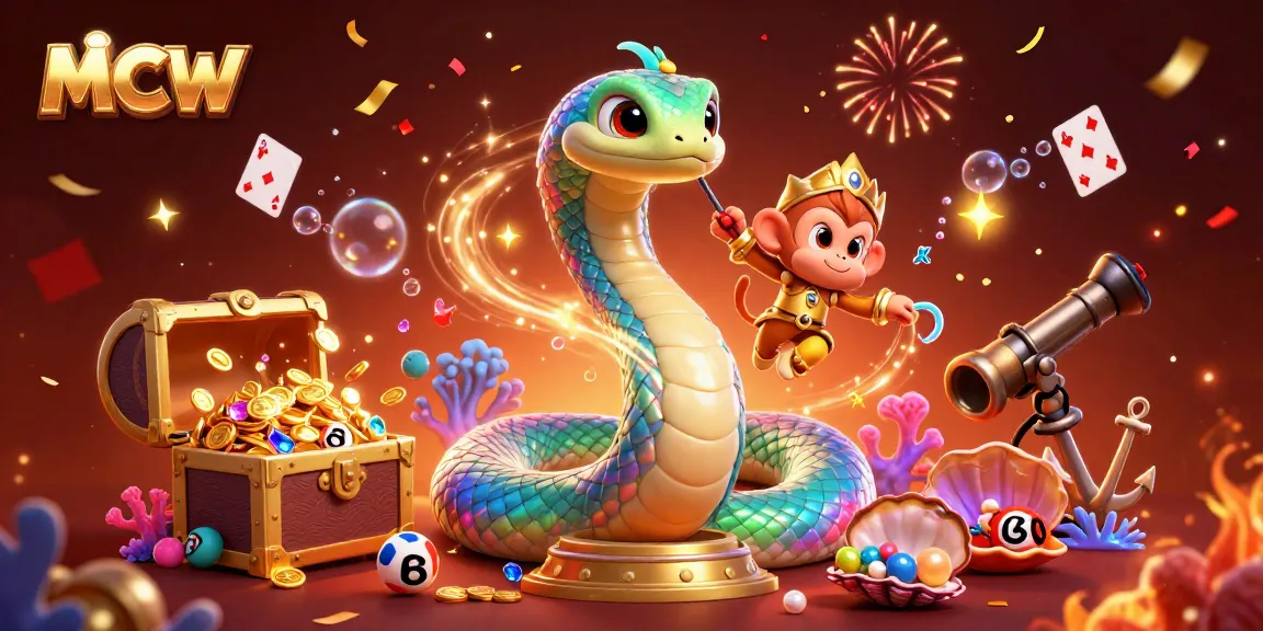 Experience the thrill of MCW with a vibrant illustrated scene including a lucky monkey king and golden serpent posing among exciting game elements.
