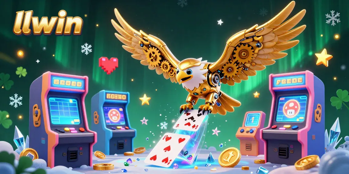 llwin showcases a spectacular 3D illustration of a golden eagle plunging through holographic playing cards in a vibrant casino.
