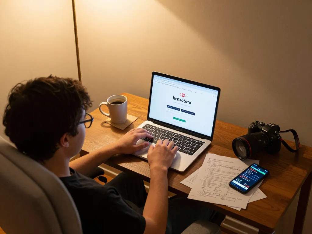 Berinteraksi dengan login kenzototo di laptop sambil menikmati pengaturan permainan di rumah yang nyaman