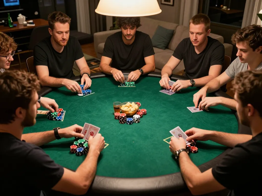 Players enjoy poker night at home, showcasing sunwin gaming atmosphere with chips, cards, and camaraderie