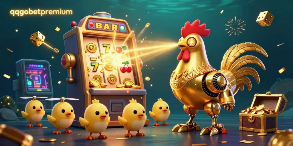 Engage in thrilling slots with qqgobetpremium's vibrant 3D illustration showcasing golden rooster robot and jackpot excitement.