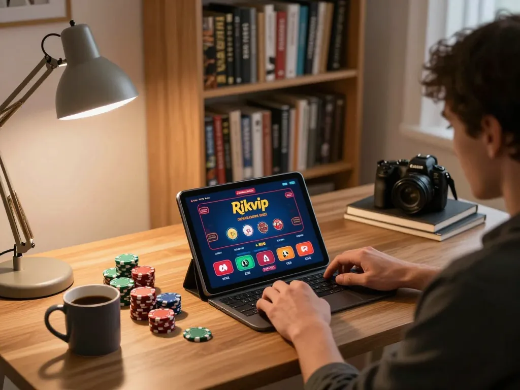 Player enjoying Rikvip online gaming experience on a tablet in a cozy home office.