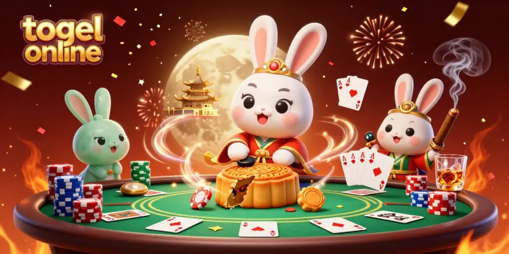 Menangkan togel online dengan ilustrasi 3D yang menampilkan kelinci bulan tradisional dan elemen poker menarik.