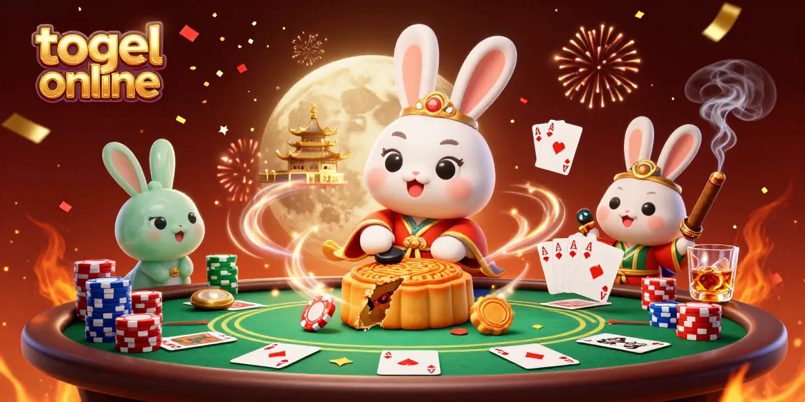 Menangkan togel online dengan ilustrasi 3D yang menampilkan kelinci bulan tradisional dan elemen poker menarik.