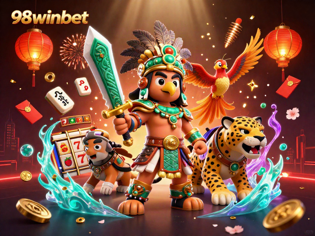 Engage with vibrant 98winbet casino scene, showcasing 3D characters and slot elements.