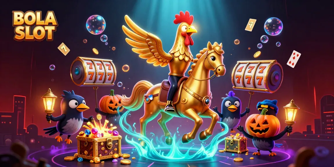 BOLA SLOT engages players with a rich casino atmosphere featuring golden roosters and lucky winnings.
