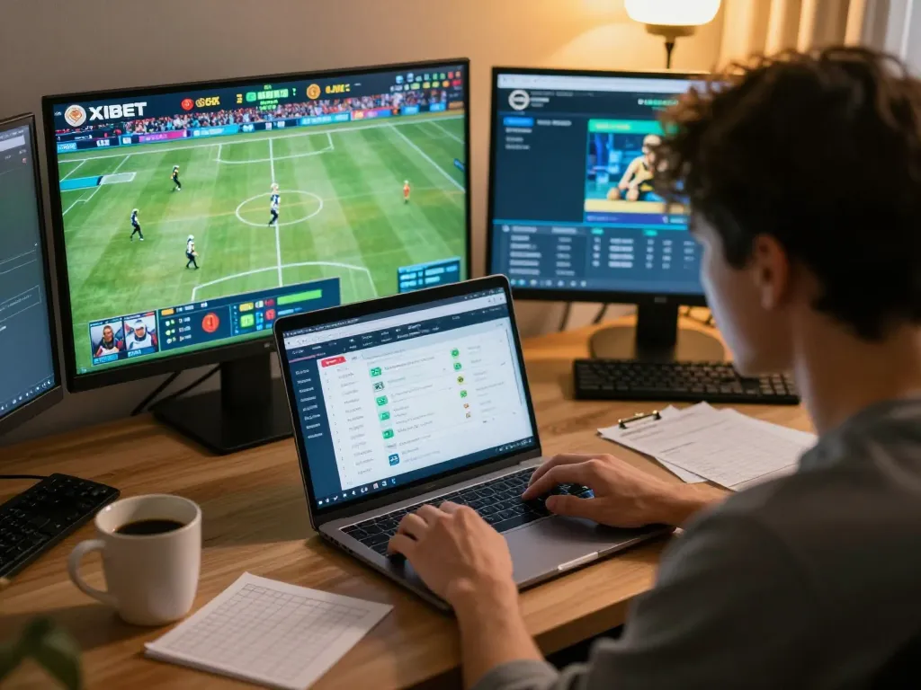 XIBET betting experience at home with an individual engaging in live sports wagering on a laptop.