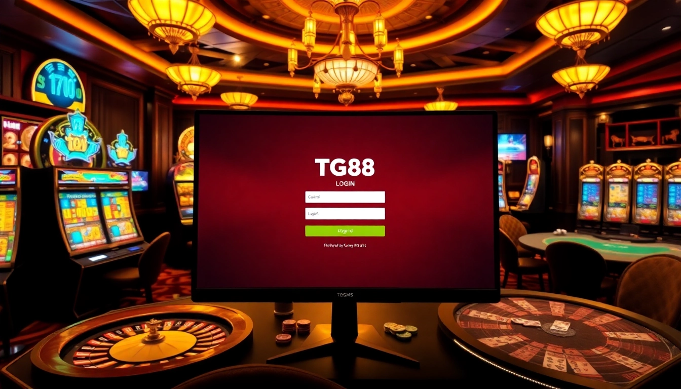 Engaging scene of TG88 đăng nhập showcasing vibrant casino tables and exciting gaming atmosphere with online login interface.