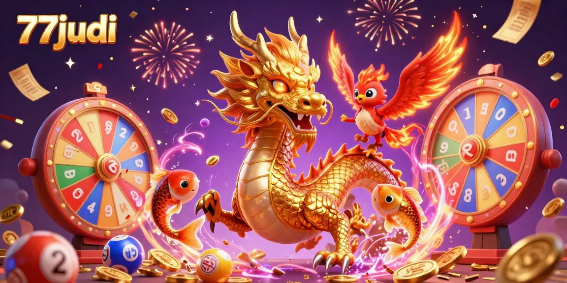 Experience the excitement at 77judi with a thrilling 3D illustration of a dragon, phoenix, and koi fish celebrating wins.