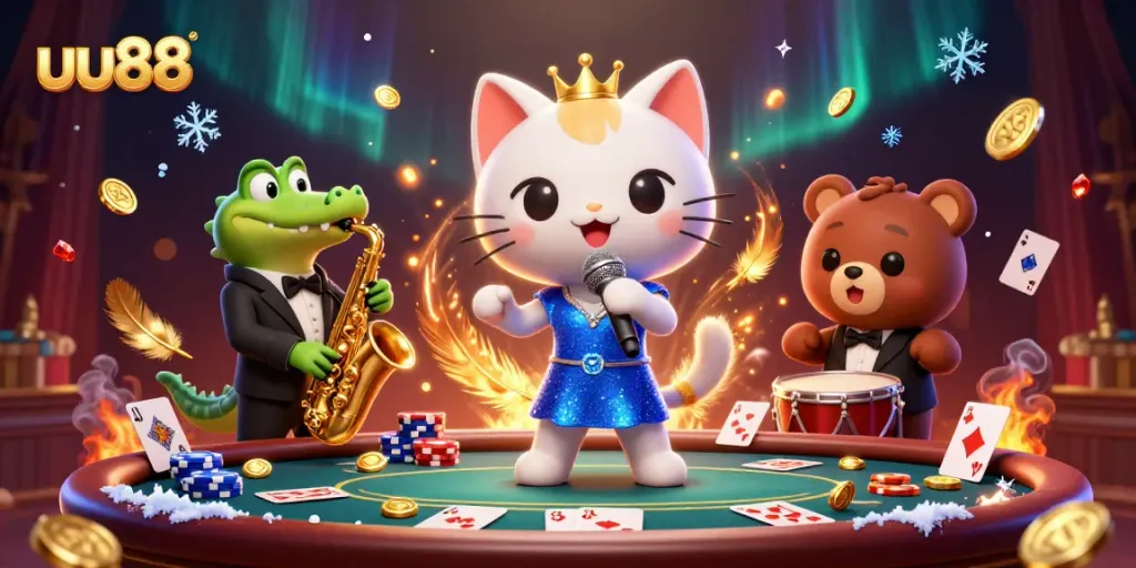 Join the fun at uu88 with a vibrant casino scene featuring a jazz-singer cat and lively characters.