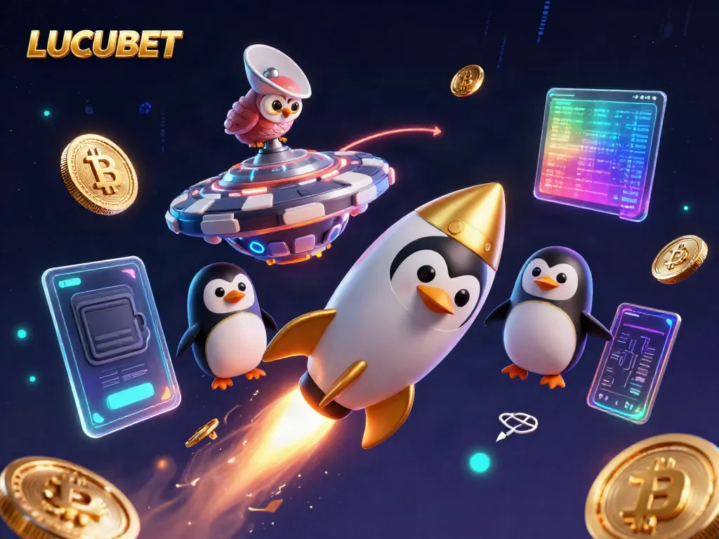 Experience LUCUBET with a rocket-powered penguin and glowing crypto elements in this dynamic casino scene.
