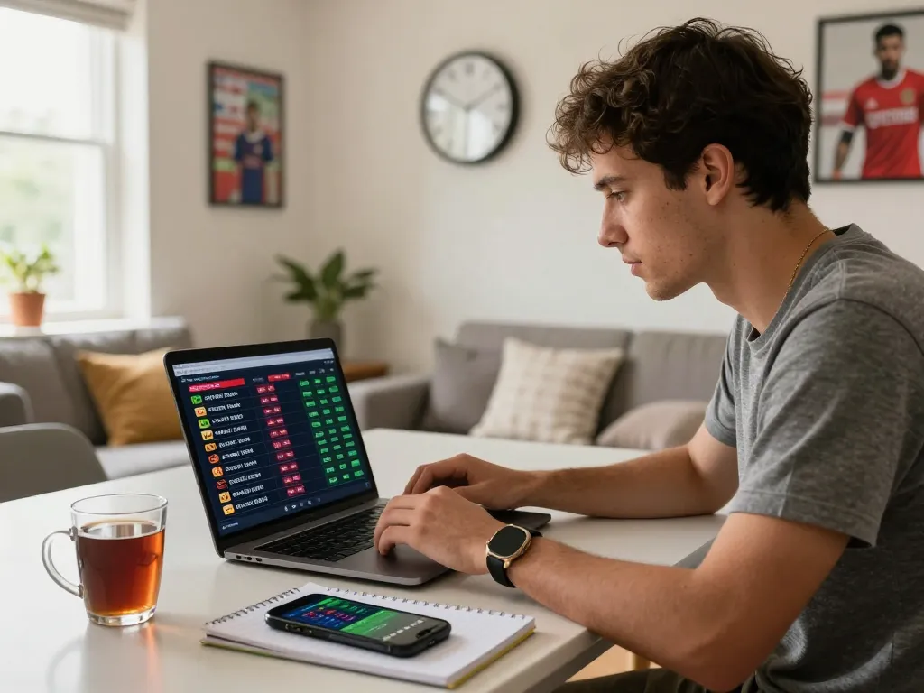 Kèo nhà cái hôm nay analysis in a sports betting environment with laptop and real-time updates.