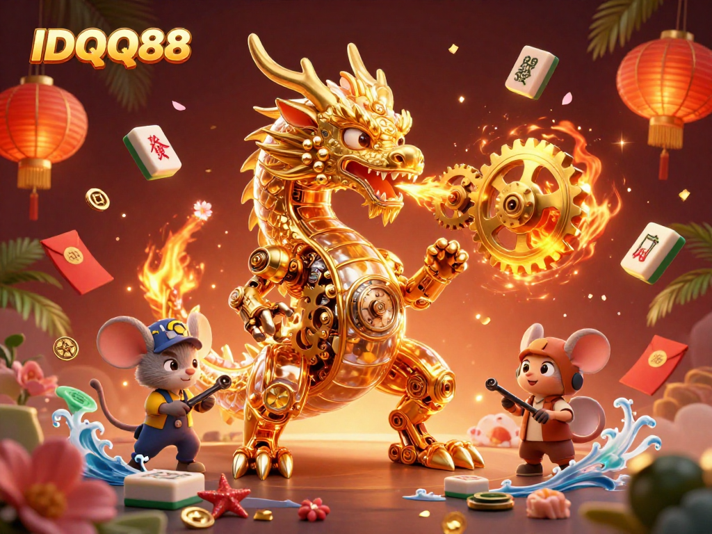 Engage with IDQQ88's thrilling casino scene featuring a golden dragon and festive game elements.