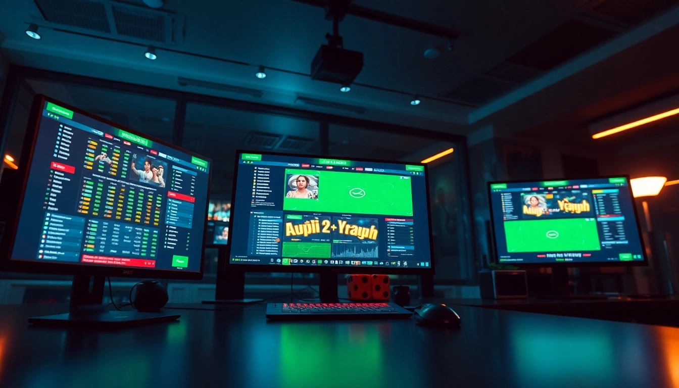 Vibrant online gambling setting showcasing nhà cái uy tín with modern interfaces and professional workspace.