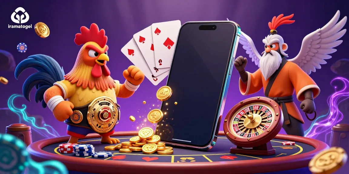 Iramatogel's dynamic 3D casino illustration showcases exciting gambling elements and vibrant character interactions.