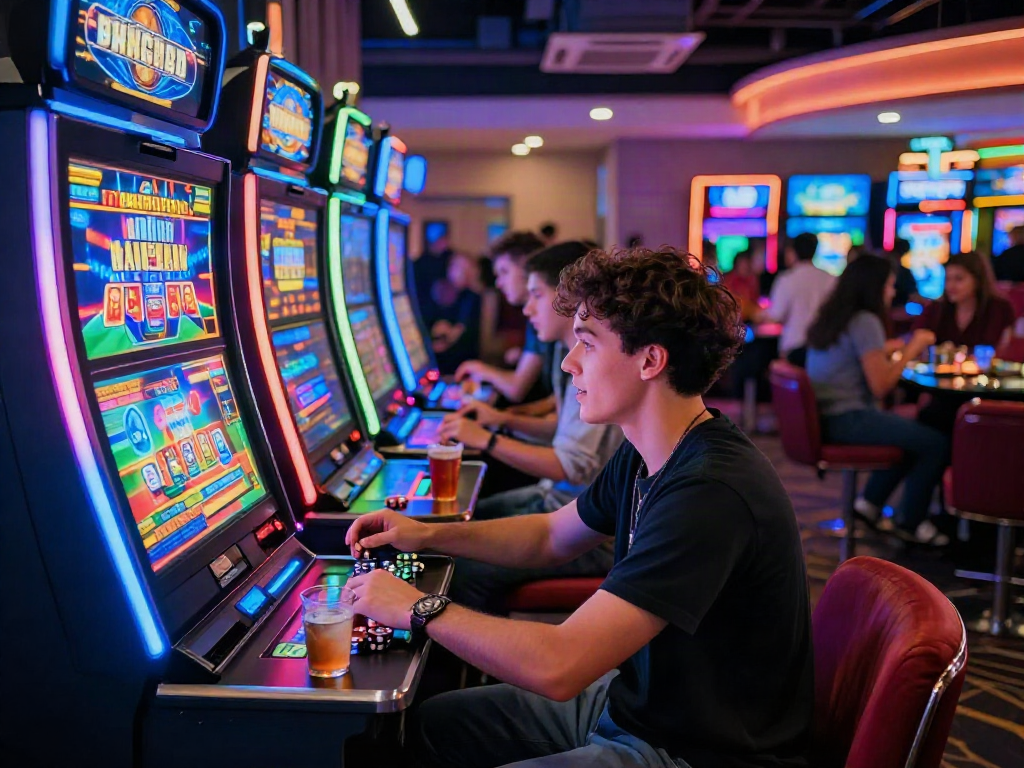 Slot Gacor: Pemain mesin slot yang terlibat dalam permainan di kasino online yang cerah.