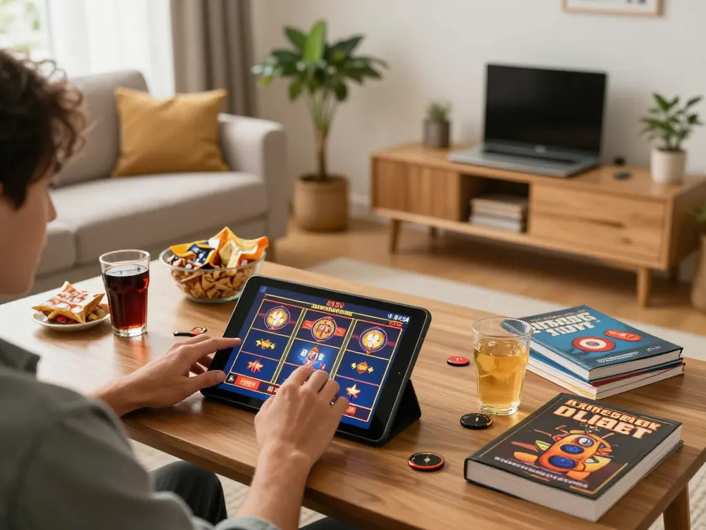 Engaged player experiencing slot depo 5k online gaming on a tablet surrounded by treats and strategy notes.