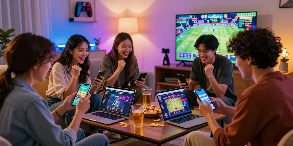 Teman merayakan kemenangan di bukumimpi138 dengan smartphone, suasana ruang tamu menyenangkan.