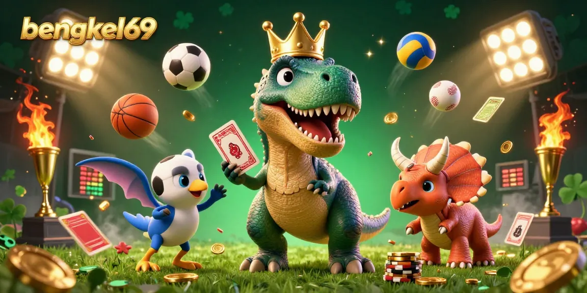 Bengkel69 brings the excitement of sports betting alive with a cartoon scene featuring T-Rex happily shuffling cards.