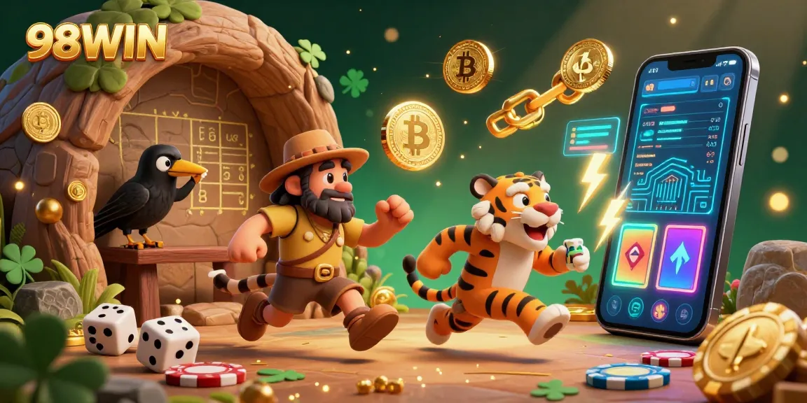 Experience thrilling gameplay at 98WIN's prehistoric casino with caveman characters, poker chips, and crypto elements.