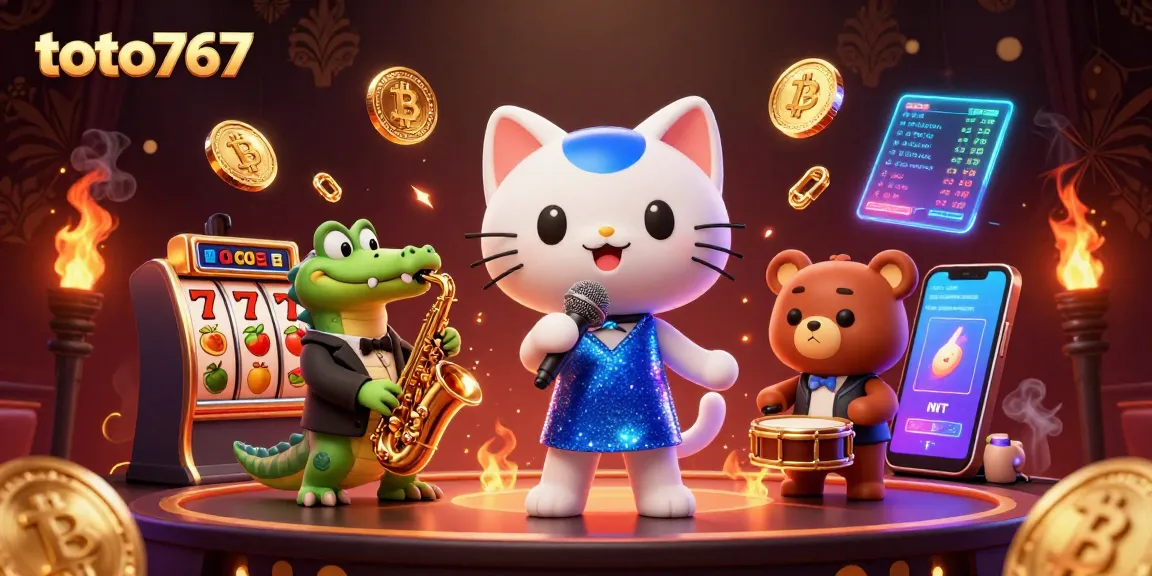 Toto767 menghadirkan aksi seru dengan karakter kucing penyanyi jazz, buaya pemain saksofon, dan beruang memainkan drum, dilengkapi simbol permainan slot.
