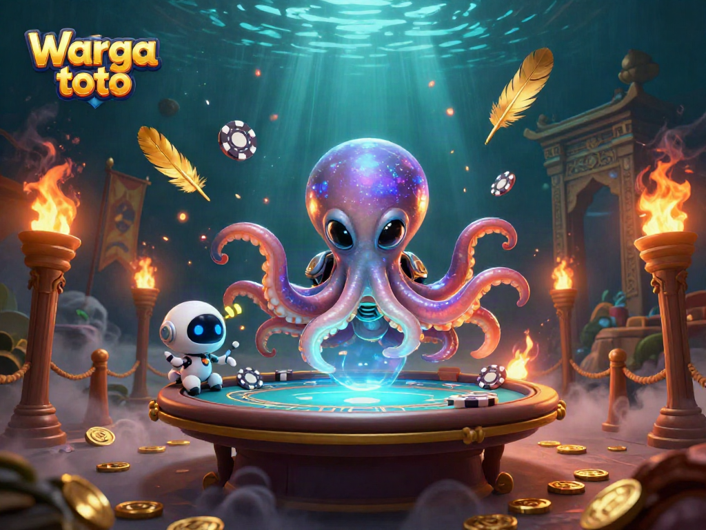Warga toto menghadirkan ilustrasi 3D alien dan robot bermain poker di ruang casino futuristik.