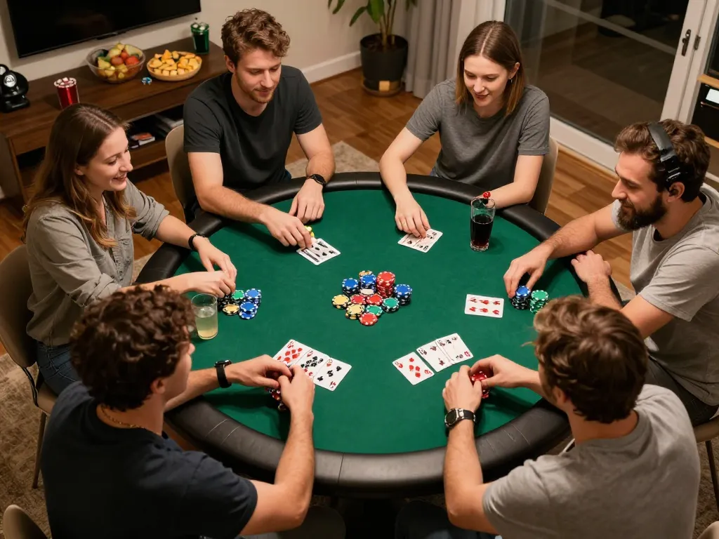 Friends enjoying a lively poker night at home, showcasing the excitement of lv88 gaming.