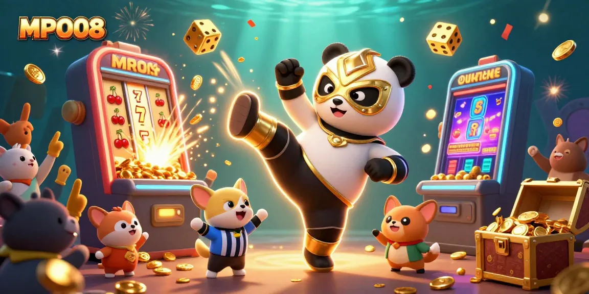 MPO08 showcases an action-packed scene with a panda wrestler, a chihuahua referee, and vibrant gambling elements.