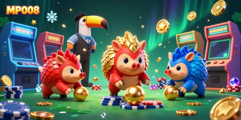 MPO08 showcases a lively scene of rival pangolins rolling golden balls at a poker chip bowling game.