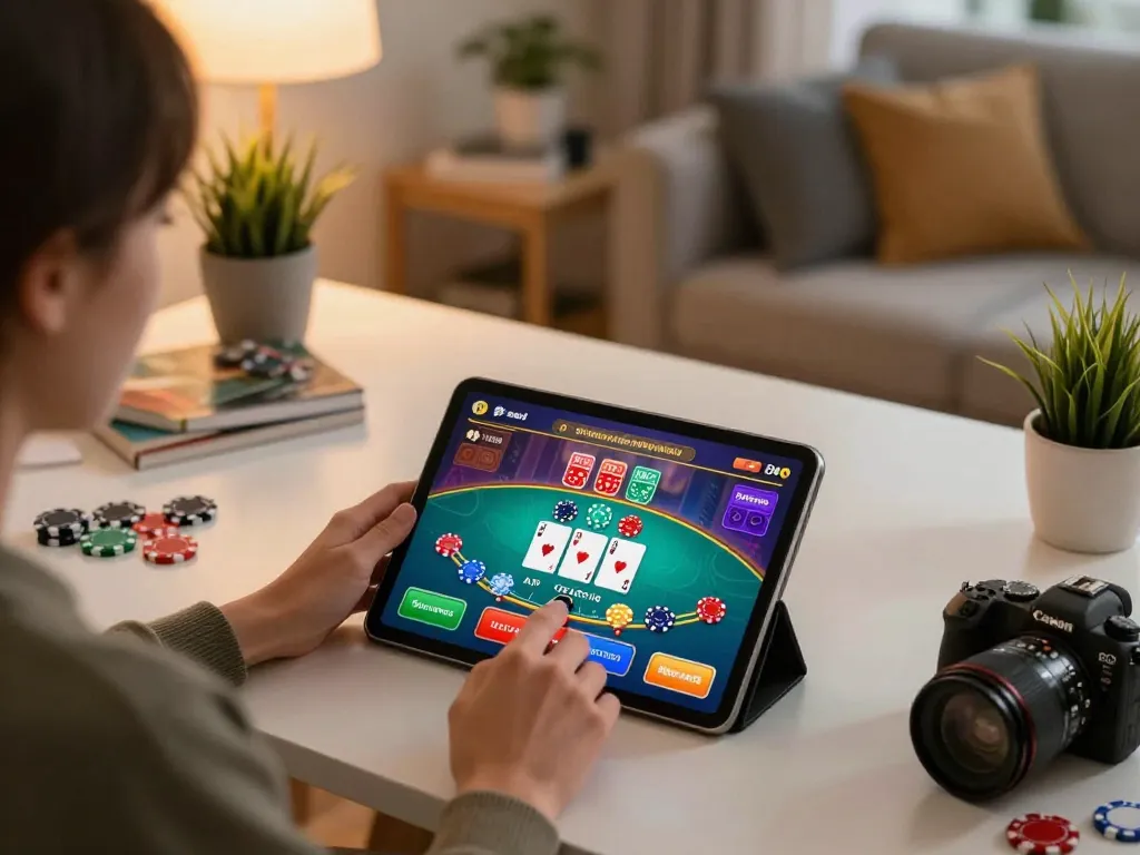 hubet player's strategic move during a virtual blackjack game at home in a stylish setting