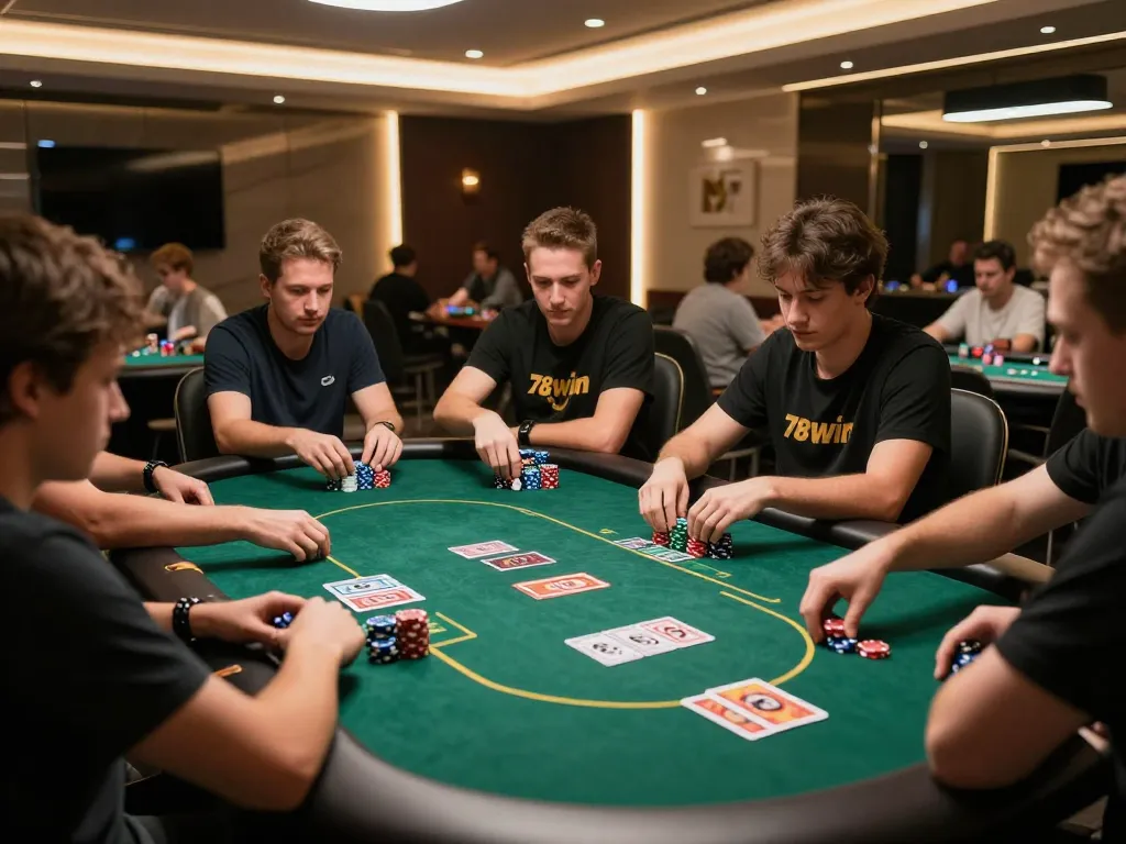 Players strategizing at a poker table in a vibrant setting with 78win branding.