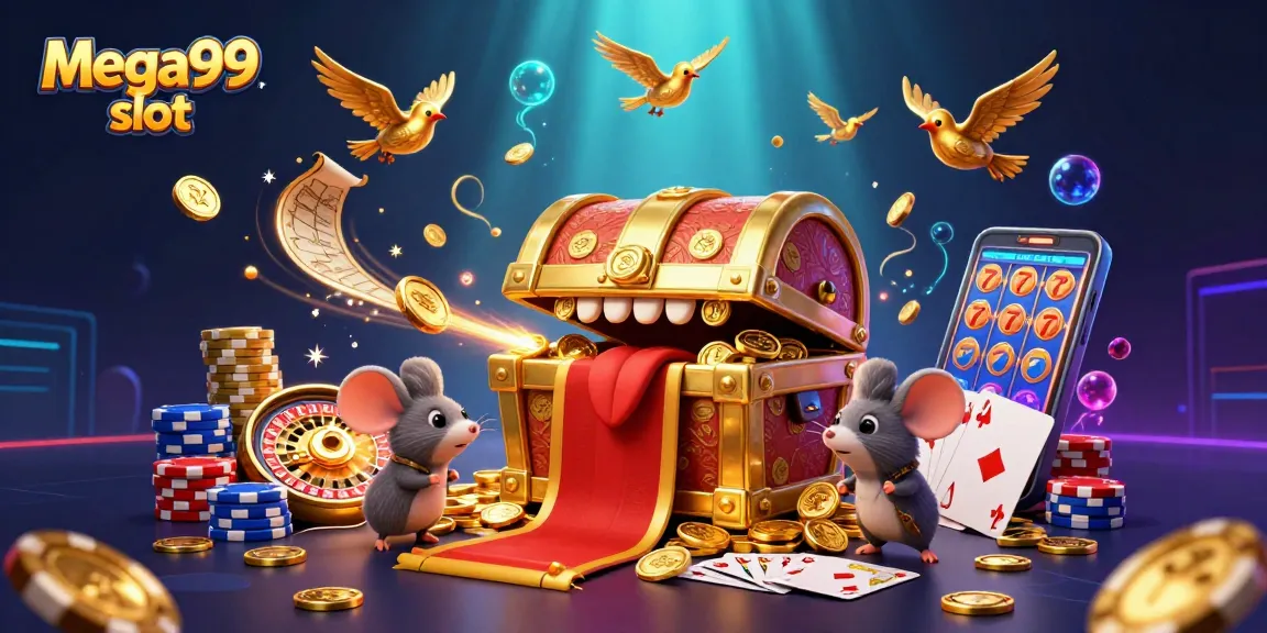 Experience thrilling wins with mega99 slot, surrounded by dazzling coins and a vibrant casino scene.