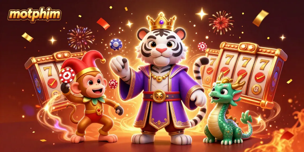Spin the reels with motphim in a spectacular casino-themed illustration showcasing vibrant characters and festive elements.