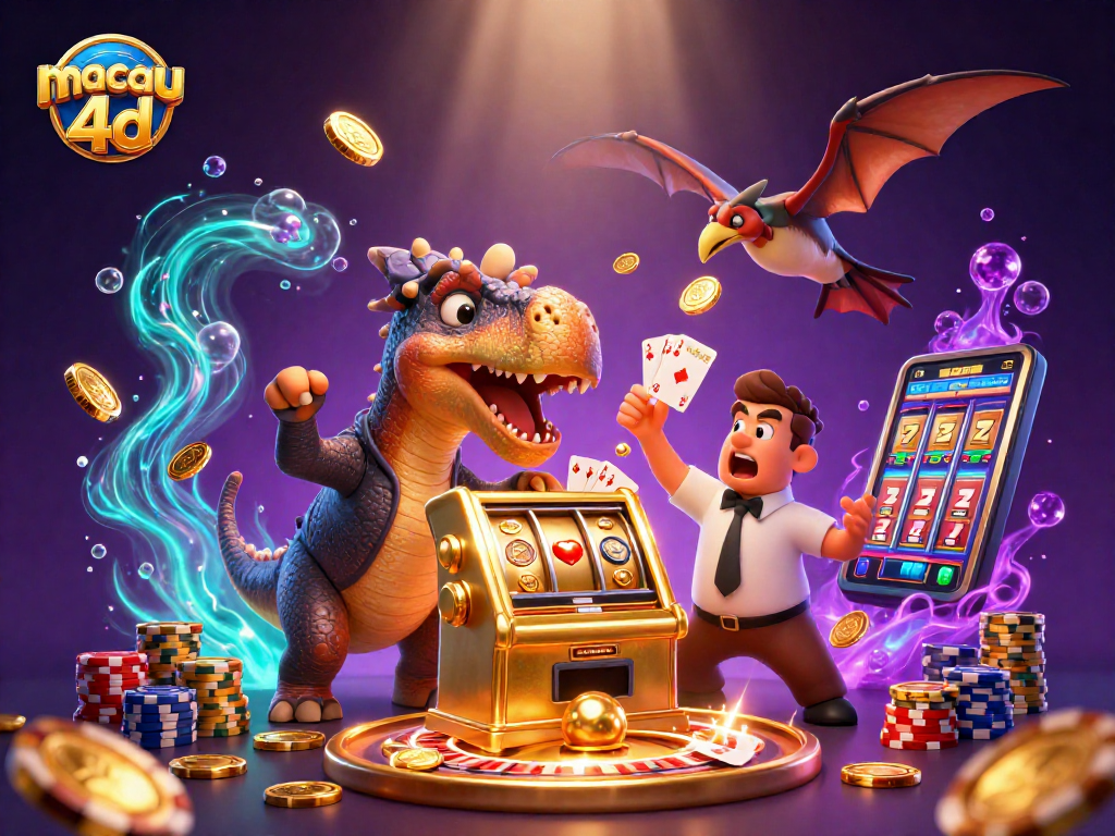 Catching treasures in macau 4d slots: a dinosaur heads towards a jackpot, amidst cascading coins and vibrant casino elements.