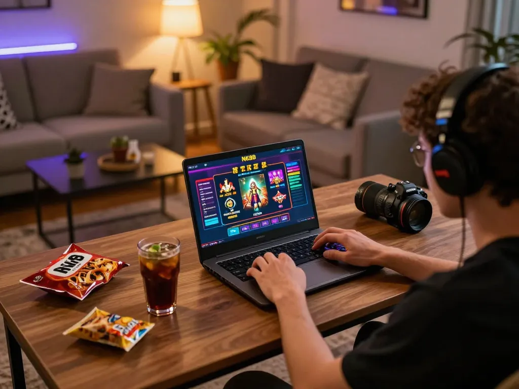 Player engaging with NK88 casino app on a laptop in a cozy modern setting.