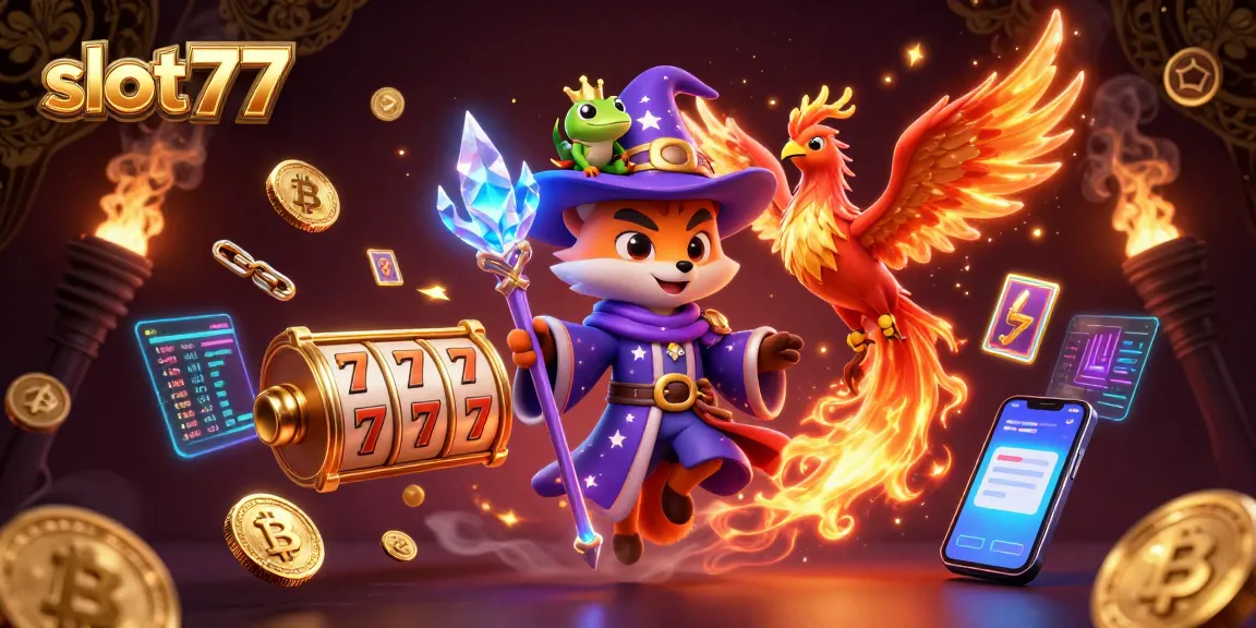 Experience the excitement of slot777 with a vibrant scene featuring a wizard fox, phoenix, and enchanted frog.