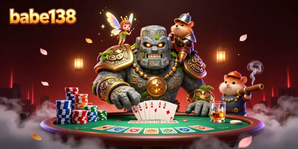 Gim judi di Babe138 dengan golem berbatu dan kesatria hamster yang mengalahkan tantangan.